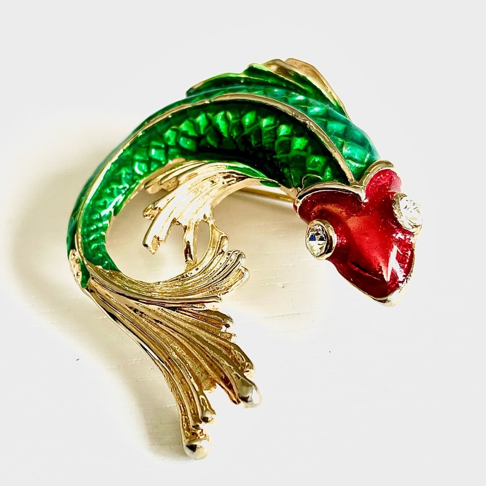 SOLD | Vintage Koi Fish Brooch Green Red Gold Enamel Rhinestone Statement Pin - Picture 2 of 11
